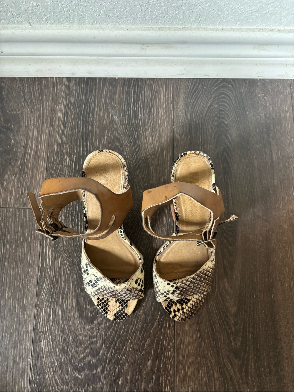 Snakeskin Print Pointed Toe Heels with Tan Ankle Strap